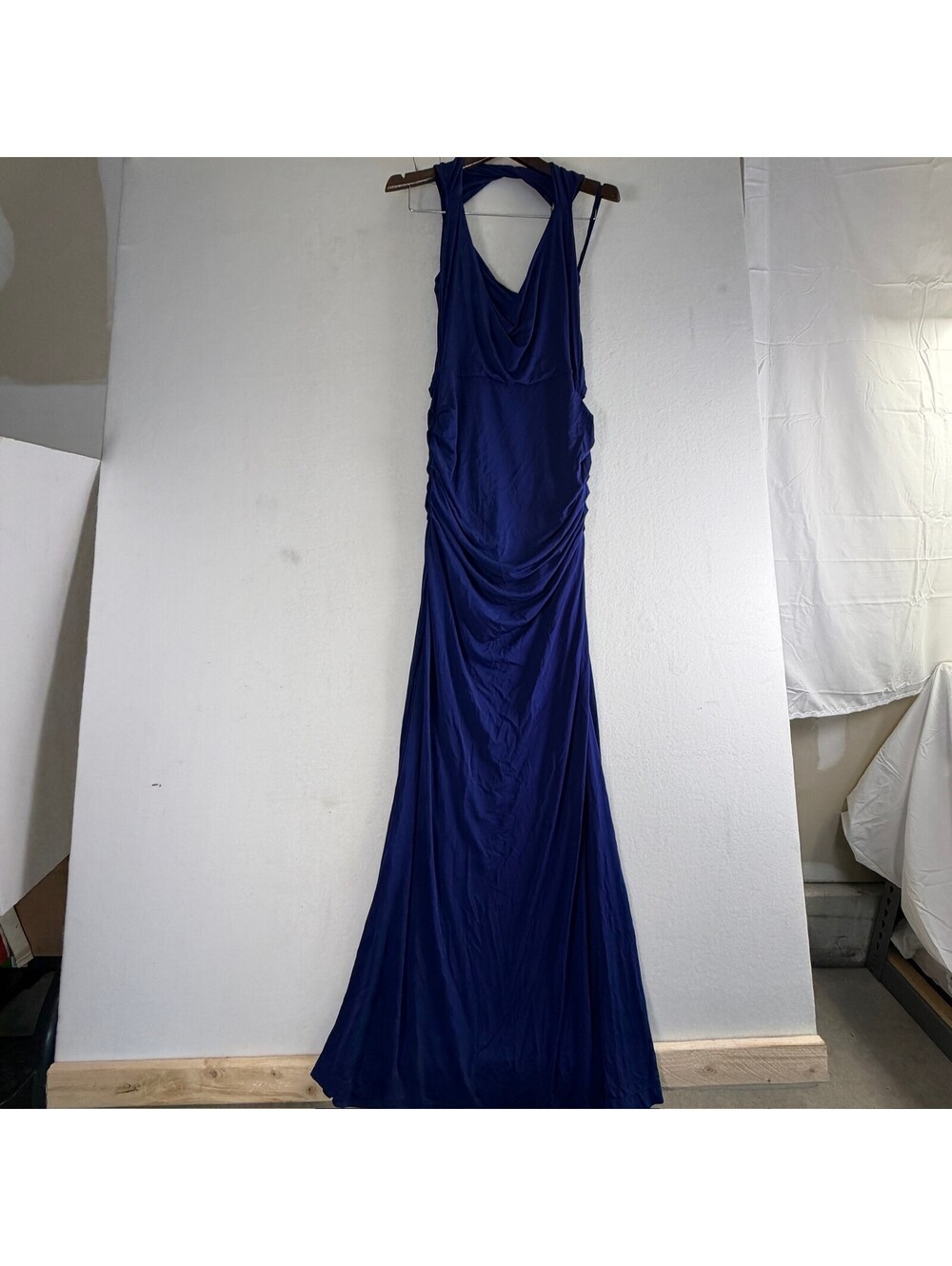 NWT BCBGMAXAZRIA Royal Blue Ruched Cowl Neck Halter Maxi
